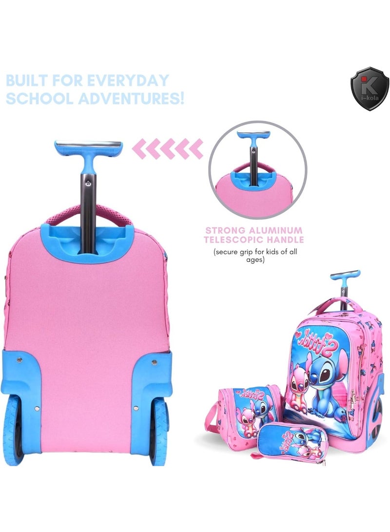 i-kola 3pcs Stitch Pink Kids Rolling School Bag Set  - Built for everyday