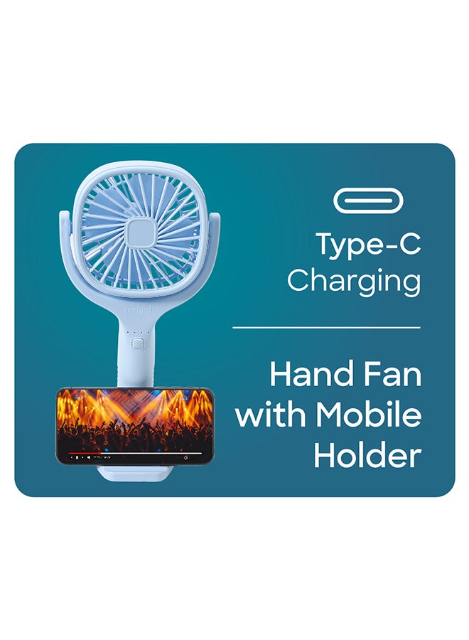Portable Rechargeable Hand Fan with 1800mAh Battery, Up to 4.5 Hours Working, and Built-in Mobile Holder – Your Pocket-Sized Summer Breeze SF936HFN BS BlueHome Environment1800mAh Rechargeable Battery – Up to 4.5 hours of cordless cooling on a full charge