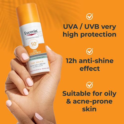 Eucerin Face Sunscreen Oil Control Gel-Cream Dry Touch, High UVA/UVB, SPF 50+, Light Texture Sun Protection, Suitable Under Make-Up, For Blemish-Prone Skin, 50ml