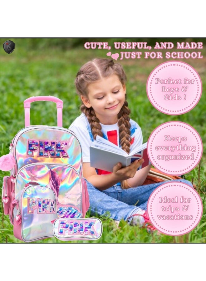 Girl with a holographic pink backpack and pink text, sitting on grass.