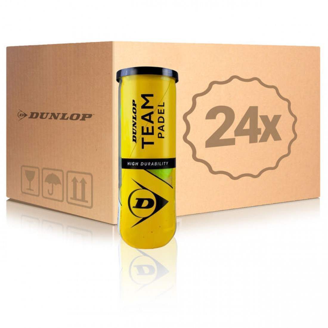 Dunlop Team Padel Balls – Box of 72 (24 Cans of 3 Balls)EquipmentsQuantity: 24 pressurized cans, each containing 3 balls, totaling 72 balls. Durability: Constructed with high-quality materials to ensure longevity and consistent performance over time. Cons