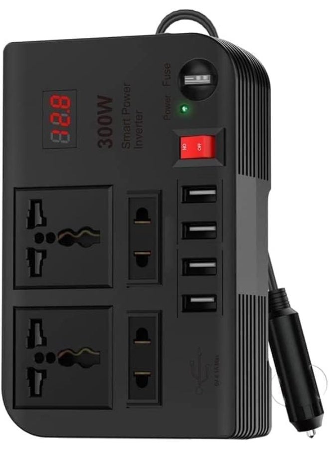 Car Laptop Charger, 300W Car Inverter DC 12V to AC 220V, 4 USB Ports Fast Charging, 2 Universal Sockets, Multifunctional LED Display, Extra Fuse, Universal Laptop Charger for Car