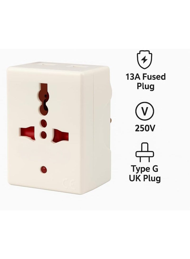 Multi Plug Adapter UK Type G 3-Pin to Multi Socket Converter | 13A 250V Power Adapter with Safety Shutter | Compact Durable Plug for Home, Office, Hotel & Travel –White