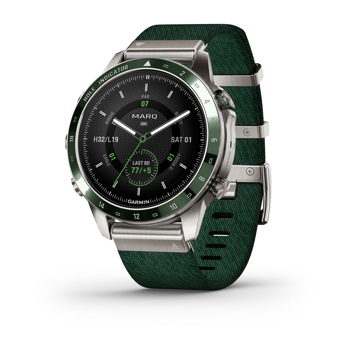 Garmin Marq Golfer Gen 2, EmeaWearablesElevate your Game UNCOMPROMISING BY DESIGNLet others know you live for the game. This luxury modern tool watch features a tritone green jacquard-weave nylon strap, stunning AMOLED touchscreen display with traditional