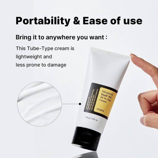 Cosrx Advanced Snail 92 All in One Cream Tube White 100gPersonal CareDiscover the transformative power of the COSRX Advanced Snail 92 All in One Cream, now available in a convenient 100g tube. This all-in-one moisturizer is enriched with 92% snail secreti