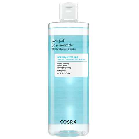 Cosrx Low pH Niacinamide Micellar Cleansing Water 400ml ClearPersonal CareLow pH Formula: pH-balanced to match your skin’s natural barrier, reducing irritation and dryness. Infused with Niacinamide: Helps brighten skin tone, control excess oil, and minimi