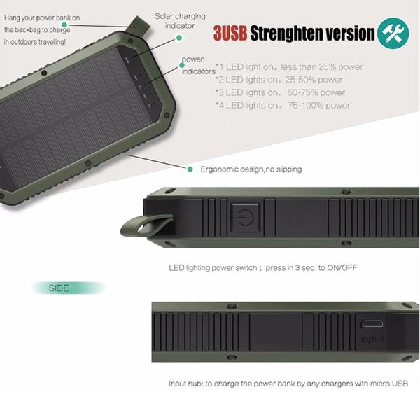 CRONY ES982 Solar Power Bank 40000mAh – Wireless Charging, 28-LED Lamp, 3×USB, Waterproof, Outdoor