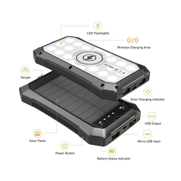 CRONY ES986S 28000mAh Solar Qi Power Bank – 20-LED 520LM Lantern, PD/QC Fast Charge, Certified