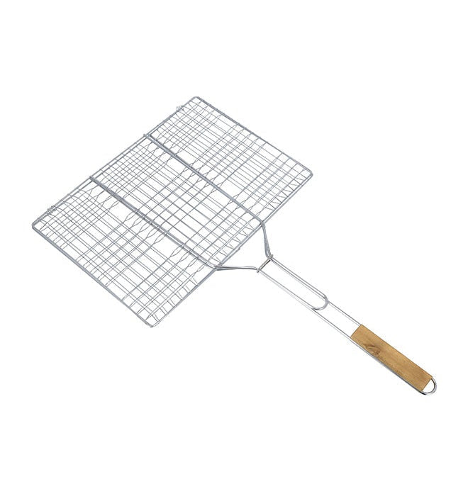 Royalford Chromium-Plated Iron BBQ Grill Basket – Silver/Brown, 30 × 40 × 58 cm