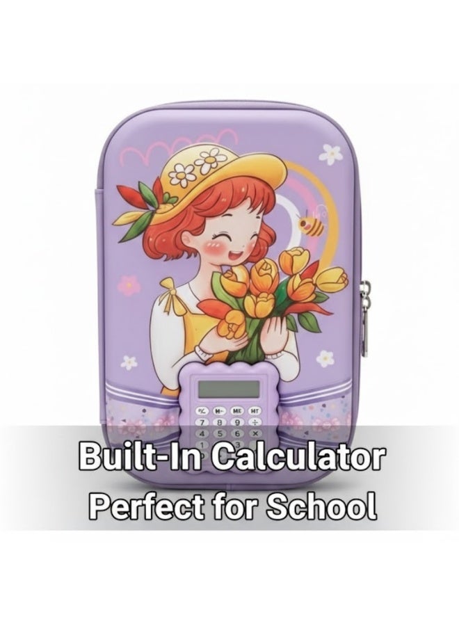 Lukadah Kids Pencil Case with Calculator – Purple Cartoon Pencil Box, Large Capacity Zipper Stationery Organizer for School, Kindergarten & Primary Students