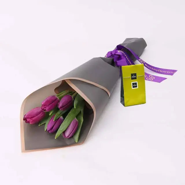 Dark Beauty 5 Purple Tulips and Deluxe Patchi ChocolatesChocolate & Confectionery100gm Deluxe Patchi Chocolates 5 Purple Tulips Beautifully Wrapped and a Ribbon Bow