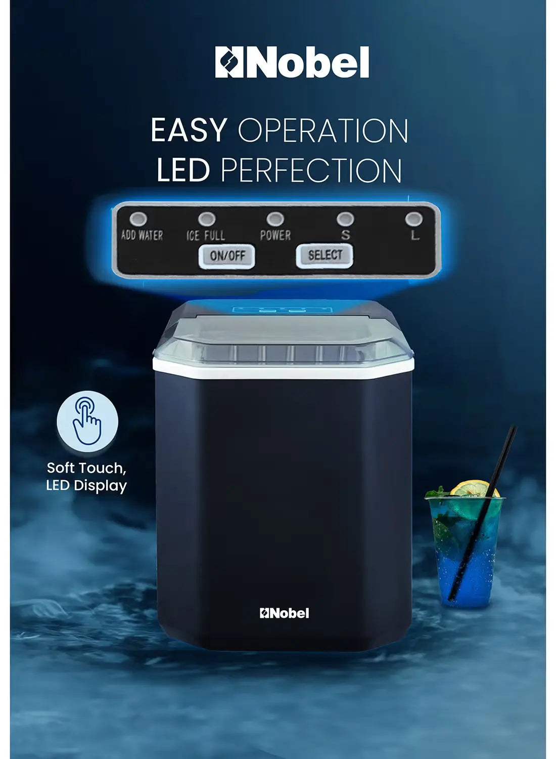 Nobel Ice Maker, 12Kgs 25°C Ice Capacity Daily, 1.3L Water Tank Storage, Bullet Ice Cube Shape, Water Shortage Indicator,Infrared Sensor, LED Display, R600a Refrigerant 12 kg 100 W NIM15S - BlackKitchen Appliances❄️ 12kg Daily Ice Capacity: Quickly produc
