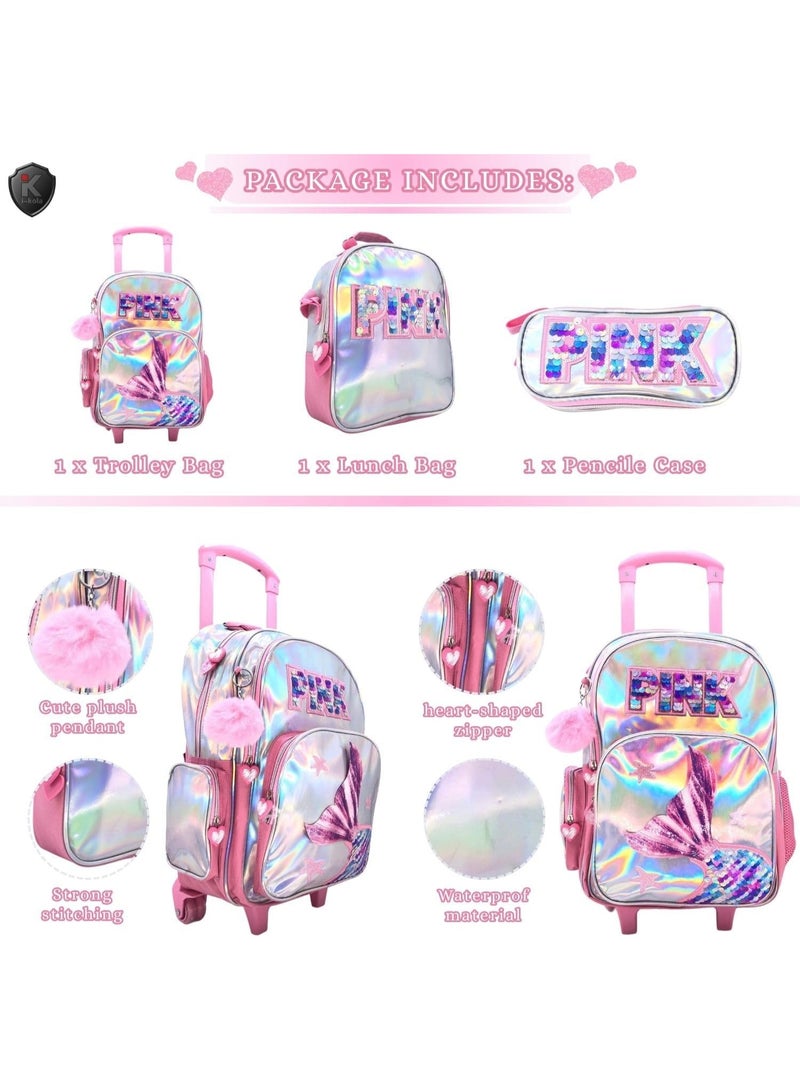 Set of pink and holographic school bags with included items on a white background