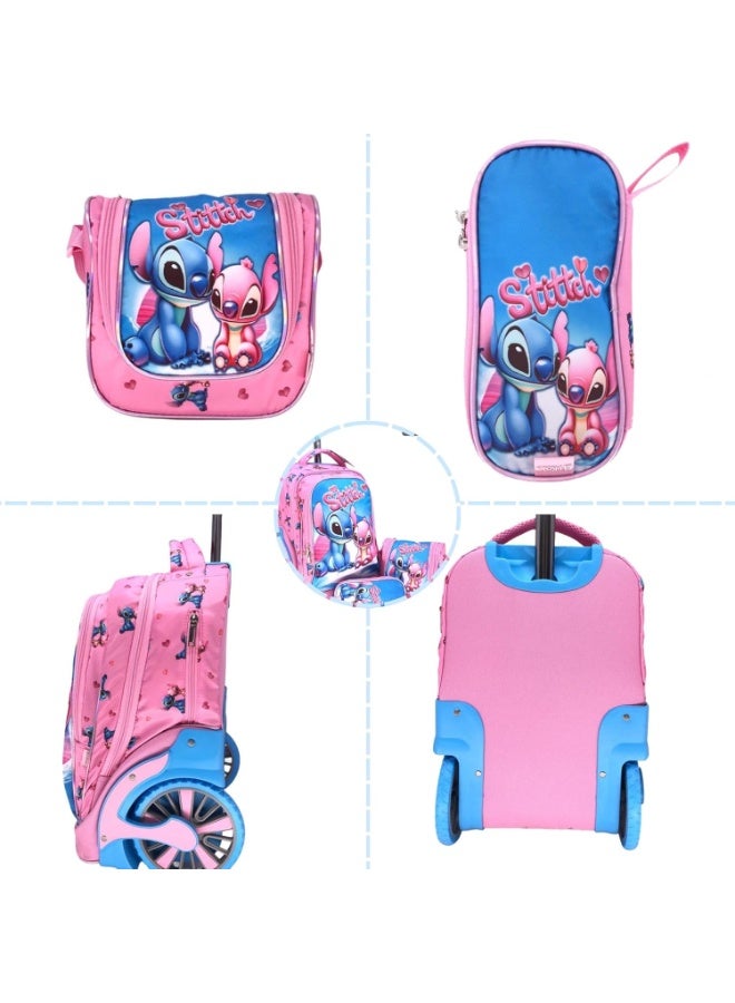 Collage of i-kola 3pcs Stitch Pink Kids Rolling School Bag Set 