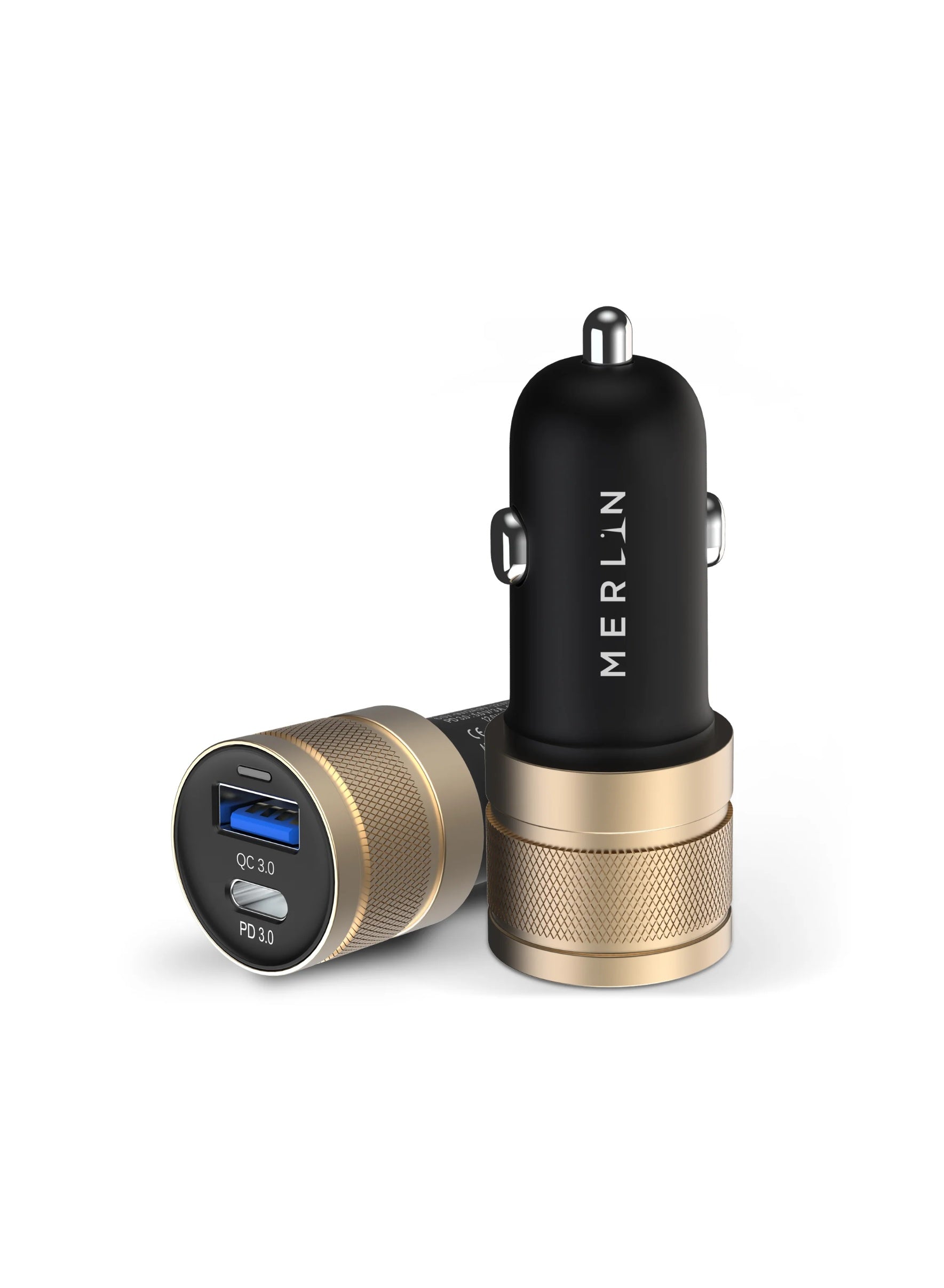 Merlin PD 30W Dual Output Car Charger — USBC PD 30W   USBA QC 30W Aluminium Alloy AntiSquid Design Input 12–24V — Fast Charge for Phones and Tablets