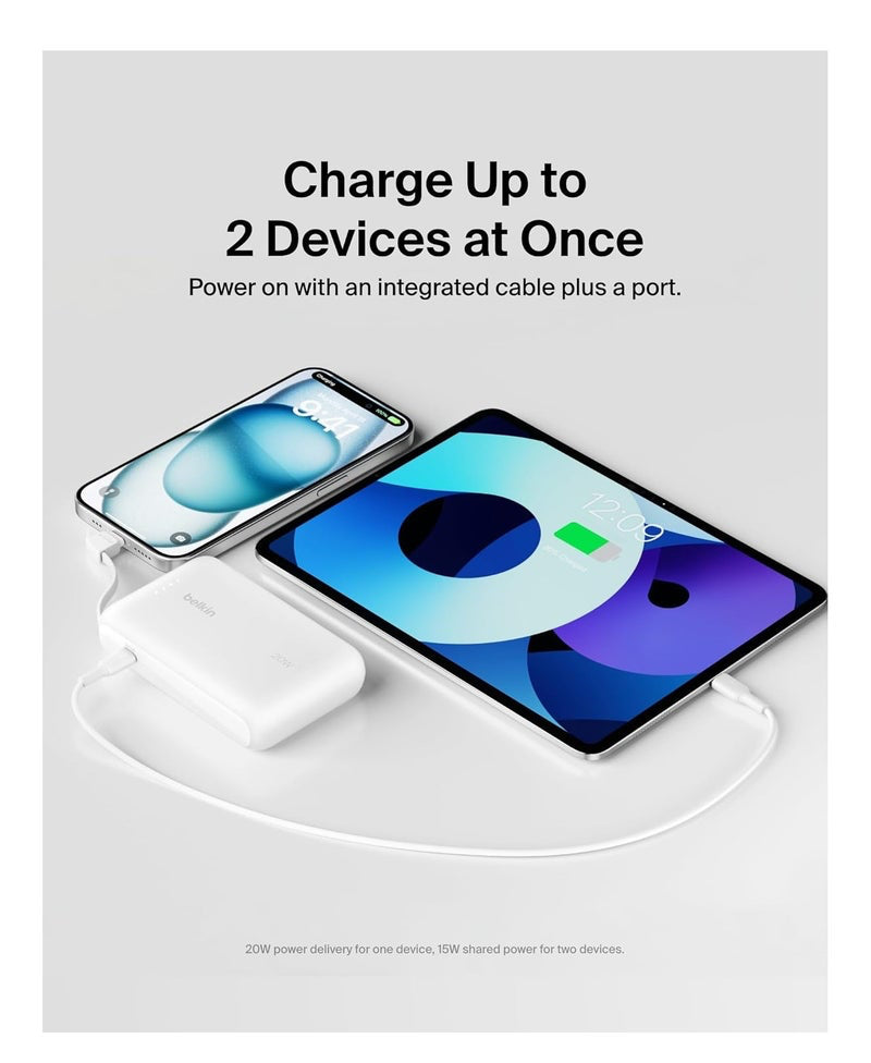 Belkin BoostCharge 10,000mAh Power Bank with Integrated Cable – White