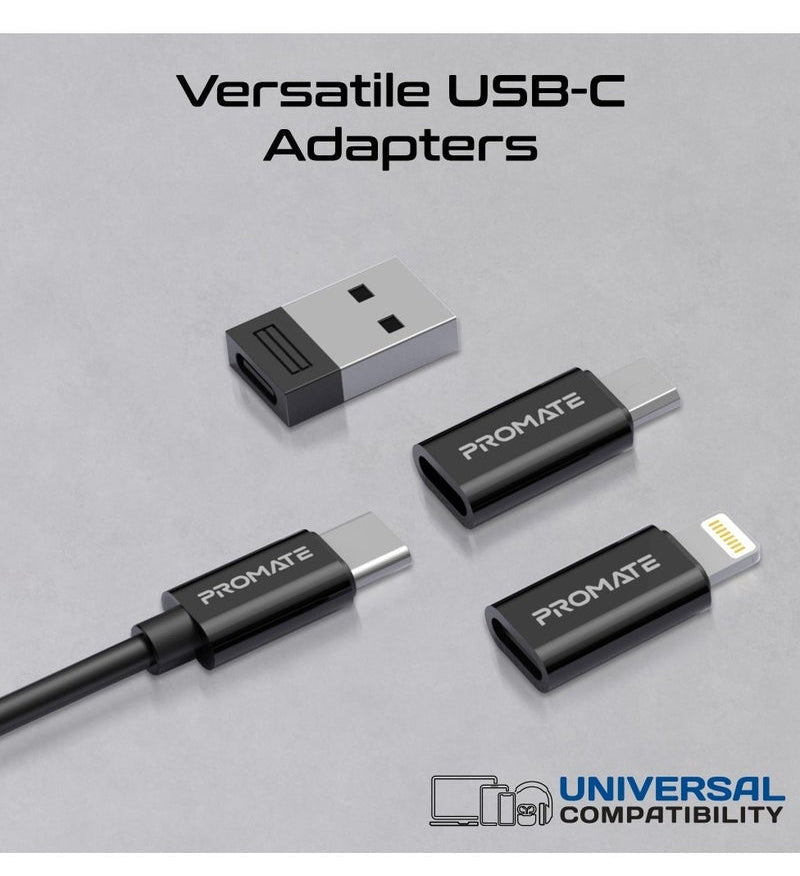 Promate Perk 7-in-1 Travel Kit – 60W USB-C Cable, Micro/Lightning/USB-A Adapters, SIM Slots, 36.5g