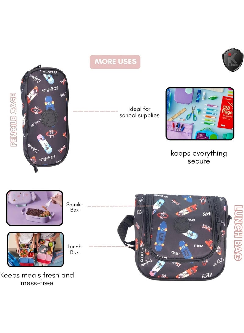 Multifunctional bag with various uses including school supplies, meal storage, and snack box.