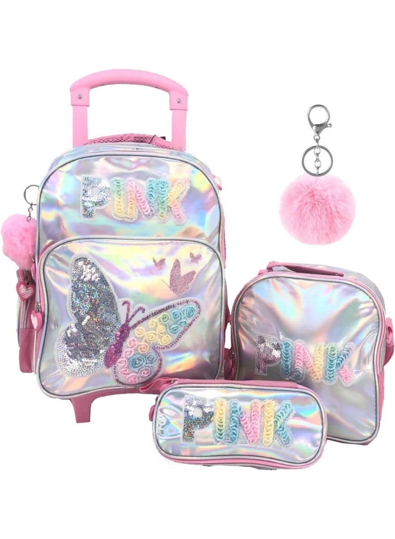 Holographic school bag set with butterfly design on a white background