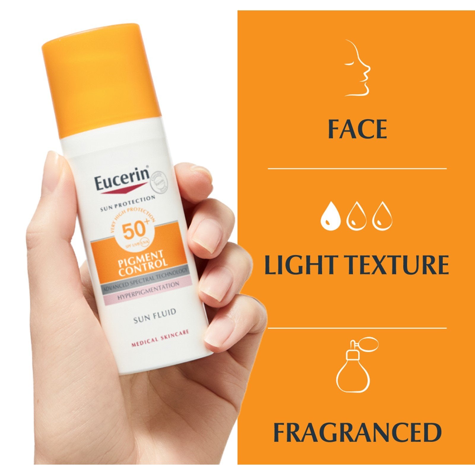 Eucerin Pigment Control Sun Fluid SPF 50+ – 50mlPersonal CareSPF 50+ Broad Spectrum Protection: Shields skin from harmful UVA/UVB rays to prevent sun damage and pigmentation. With Patented Thiamidol: Clinically proven to reduce existing dark spots and hel
