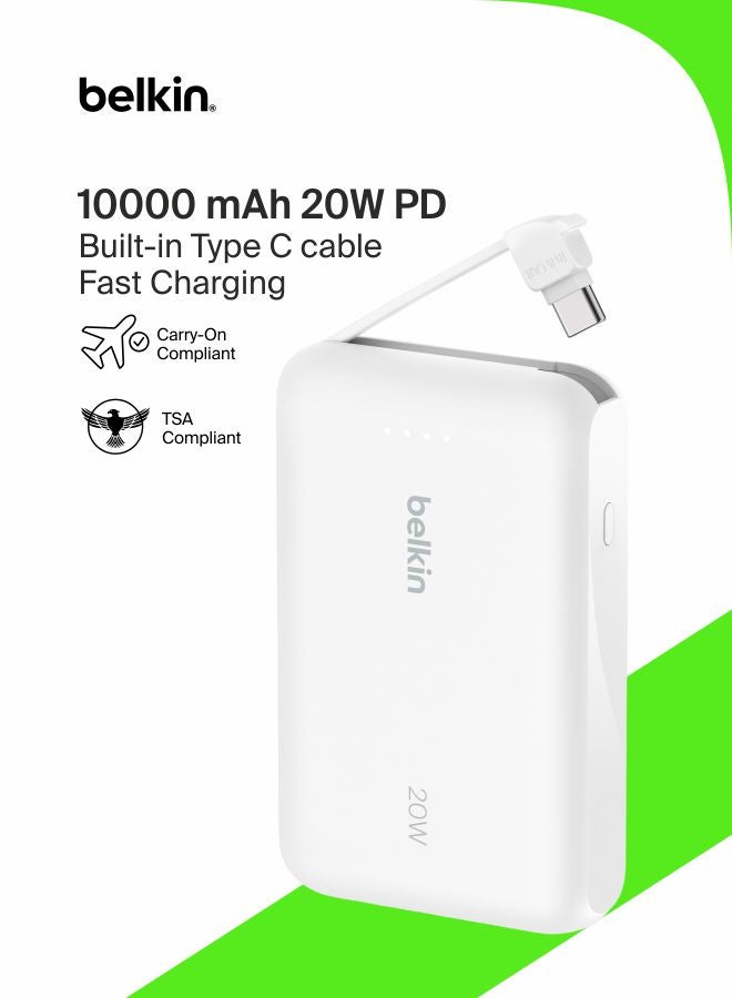 Belkin BoostCharge 10,000mAh Power Bank with Integrated Cable – White