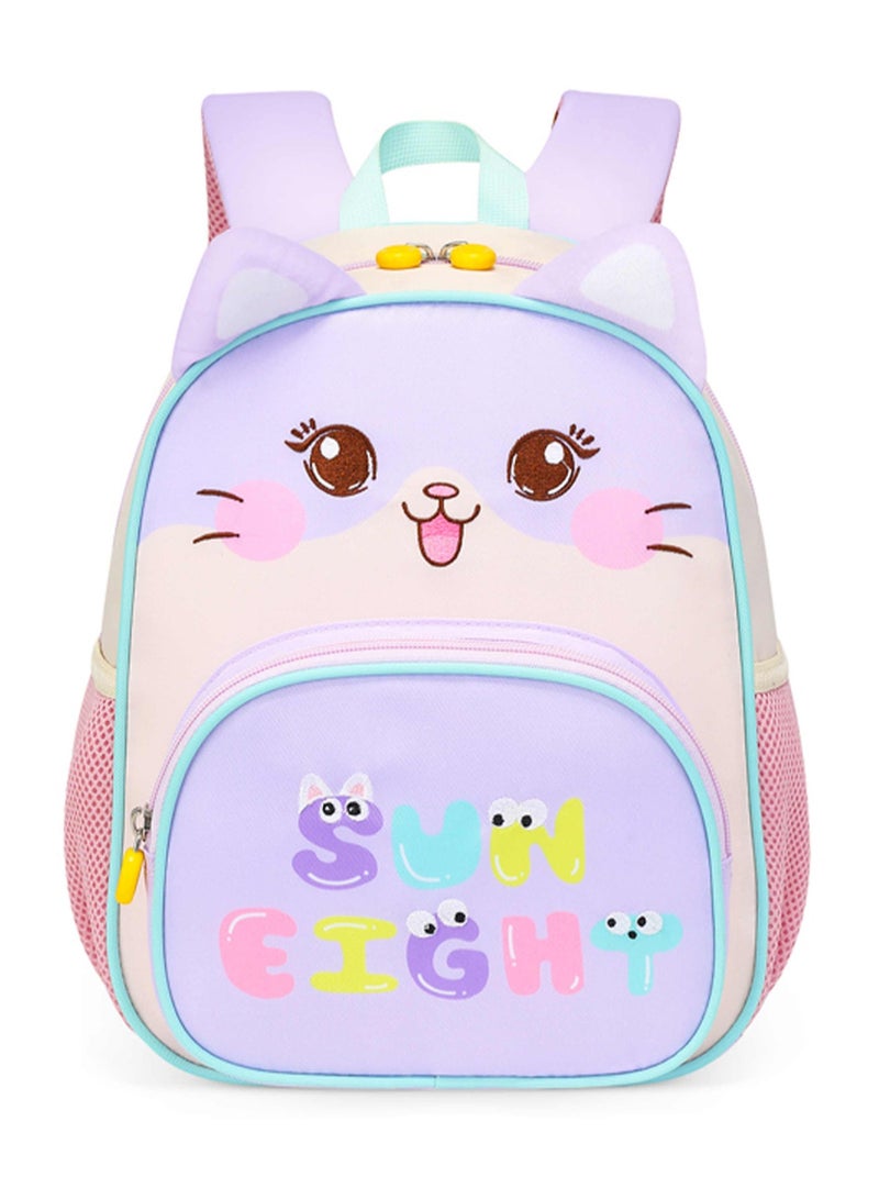SUN EIGHT SE22207 Children's Preschool Backpack – Purple Cat, Water-Resistant Lightweight Polyester School Bag for Girls & Boys