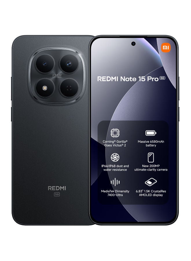 Xiaomi Redmi Note 15 Pro 5G – 12GB/256GB Midnight Black, 200MP OIS, 6.83" AMOLED 3200 Nits, 6580mAh, 45W, IP68/IP69K, Middle East