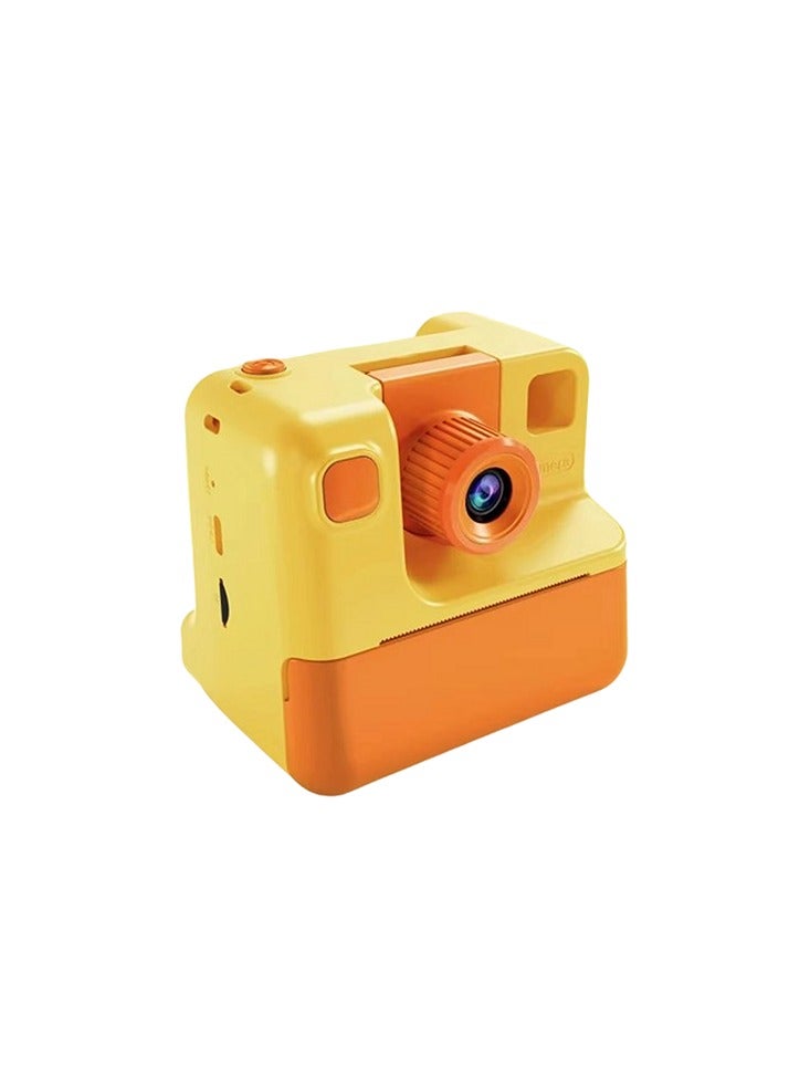 Yellow and orange toy camera on a white background