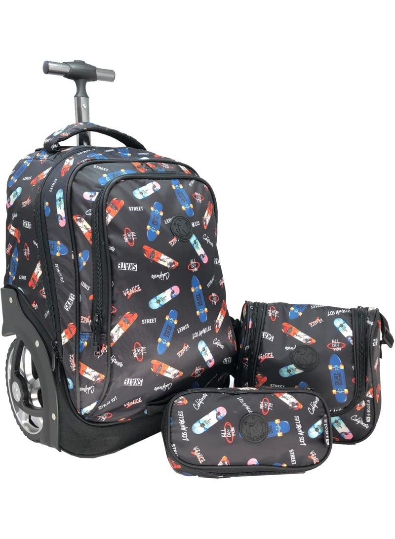Backpack with wheels and two smaller bags featuring skateboard designs on a white background