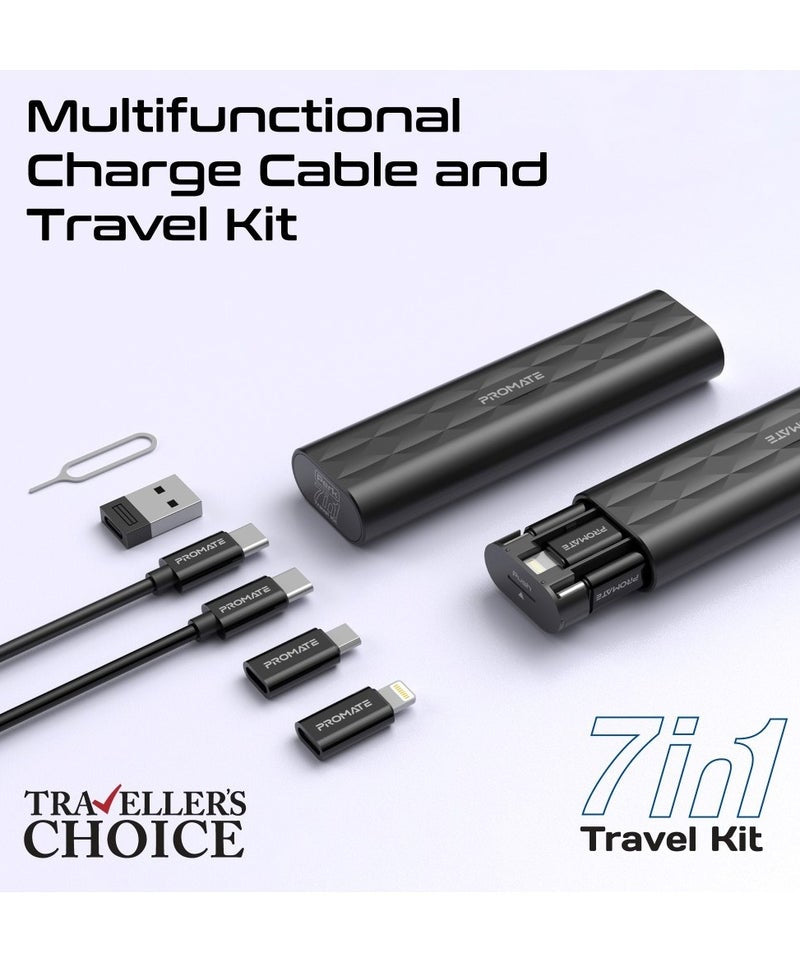 Promate Perk 7-in-1 Travel Kit – 60W USB-C Cable, Micro/Lightning/USB-A Adapters, SIM Slots, 36.5g