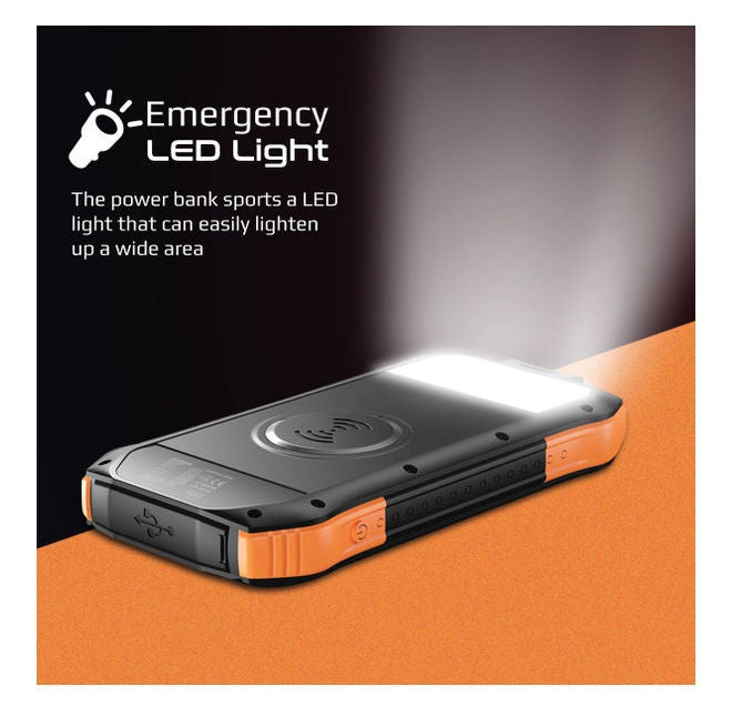 Promate SolarTank-10PDQi 10000mAh Solar Power Bank – IP65, 20W PD, QC3.0, 10W Wireless, 300lm LED
