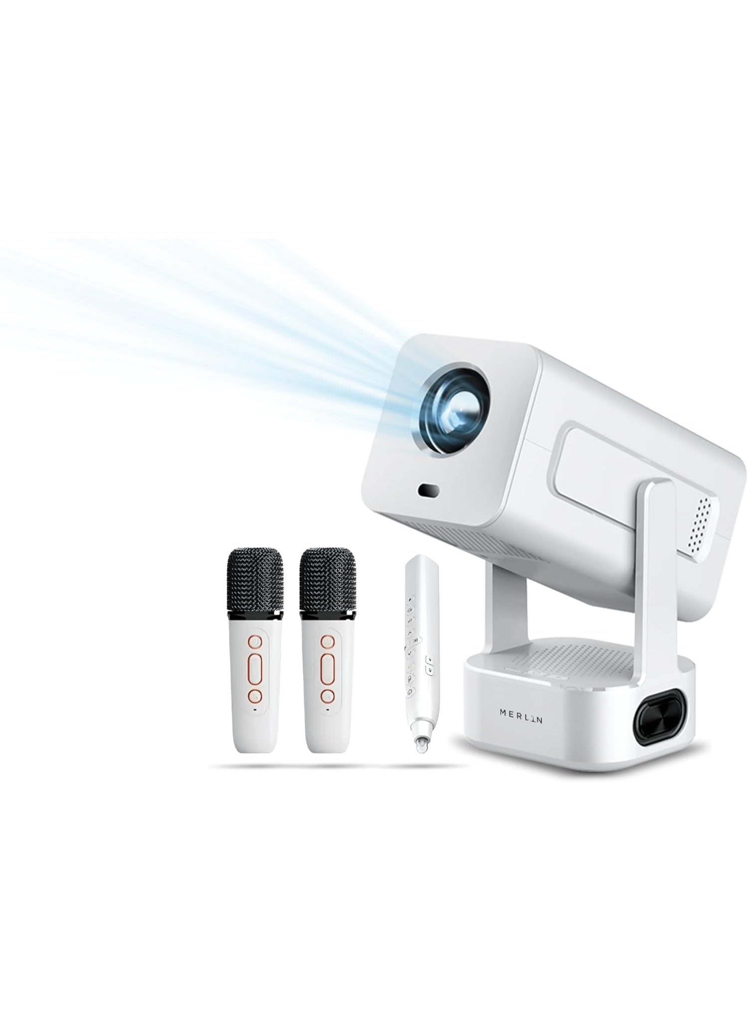 Merlin Ultra Mini Projector with WiFi and Builtin Apps 600 ANSI Lumens Portable Projector 200” Display Auto Keystone 8W Speaker 2 Wireless Mics for Karaoke Home Theater and Outdoor Use