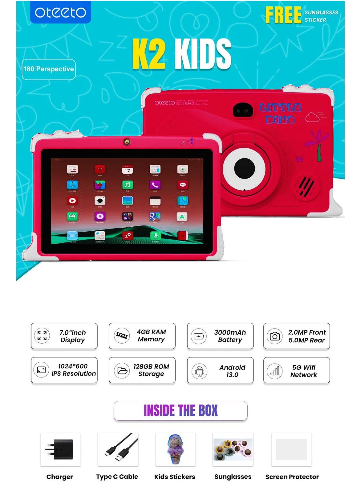 Oteeto K2 Kids Android 5G Tablet With 7.0 Inch Display 4GB RAM 128 GB ROM 3000 mAh BatteryTabletsIntroducing the Oteeto K2 Kids Android 5G Tablet - the perfect device for your child's entertainment and education. With its unique dinosaur design, they'll l
