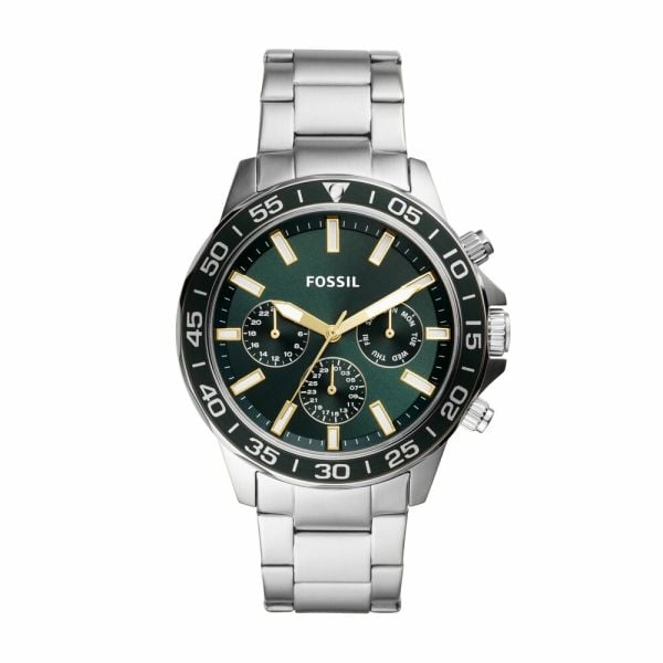 Fossil Mens Bannon Stainless Steel Watch BQ2492 - SilverJewelleryThis 45mm Bannon features a green sunray dial, multifunction movement and a silver-tone stainless steel bracelet. Case Size: 45 mm Movement: Quartz Multifunction Platform: BANNON Strap Mater