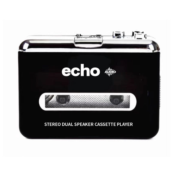 Echo Audio Cassette Player with builtin speaker ( The Jackson Walkman ) BlackConvert tape to USB directly to mp3 format Built in Speaker Headphone Included Auto-reverse and record directly Earphone Jack Output power: 0.5W Speaker size: 45mm Power Supply:
