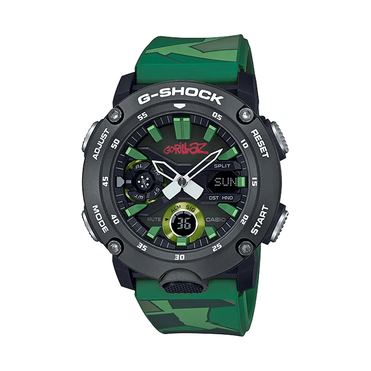Casio G-Shock GA-2000GZ-3ADR Analog/Digital Watch – Gorillaz Limited Edition, Carbon Core, Camouflage Style | LetsTango UAEJewelleryThe Casio G-Shock GA-2000GZ-3ADR is a bold collaboration with British virtual band Gorillaz, blending streetwear flair with