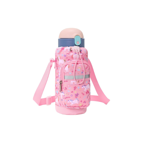 BrainyBees Kids Water Bottle Holder with Adjustable Strap | Insulated Water Bottle Carrier Bag for Children - Pink Unicorn