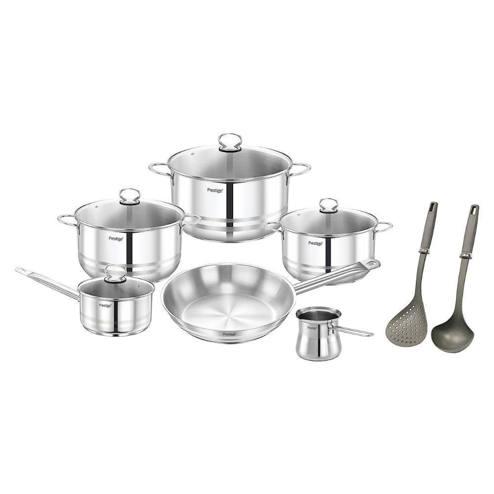 Prestige 12-Piece Stainless Steel Cookware Set Induction Capsule BottomKitchen StorageComplete 12 piece set includes 28 cm Stockpot with Glass Lid, 24 Cm Stockpot with Glass Lid, 20 Cm Stockpot with Glass Lid, 24 cm frypan, 16 cm frypan, 16 cm saucepan wi