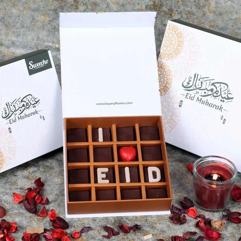 I Love Eid Chocolates By SweechoChocolate & ConfectioneryProduct Description Brand - Sweecho Text - I Love Eid Type - Milk Chocolate Quantity - 16 Pcs Marble Chocolate Letters Assorted Flavors - Pistachio, Cheesecake, Lotus, Hazelnut, Coffee, Cornflakes a