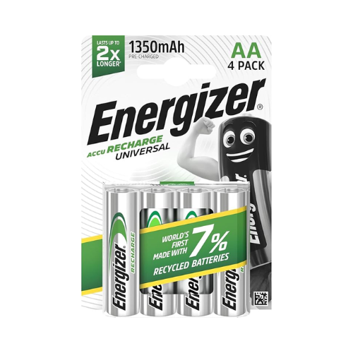 Energizer Recharge Universal AA Batteries 4-Pack – 2000mAh NiMH, 1000 Cycles, Any Charger, Pre-Charged