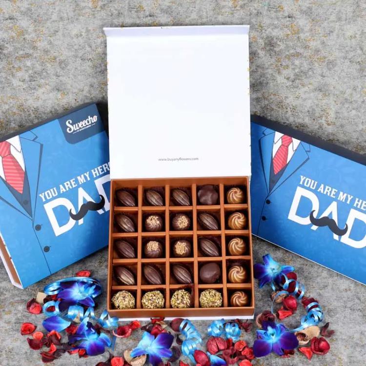 Fathers Day Premium Assorted Chocolates 25 Pcs By SweechoChocolate & ConfectioneryBrand - Sweecho, Type - Milk Chocolate, Quantity - 25 Pcs, Assorted Flavors - Pistachio, Cheesecake, Lotus, Hazelnut, Coffee, Cornflakes and Mix Nuts, Allergens - Nuts and M
