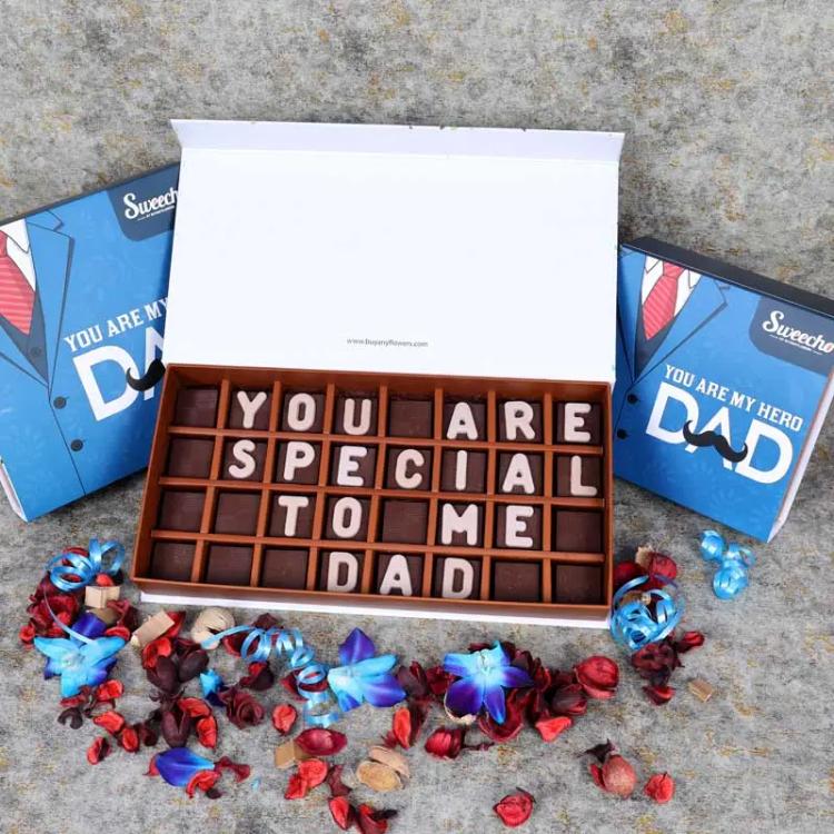 You Are Special To Me Dad Chocolates By SweechoChocolate & ConfectioneryBrand - Sweecho, Text - You Are Special To Me Dad, Type - Milk Chocolate, Quantity - 32 Pcs, Marble Chocolate Letters, Assorted Flavors - Pistachio, Cheesecake, Lotus, Hazelnut, Coffe