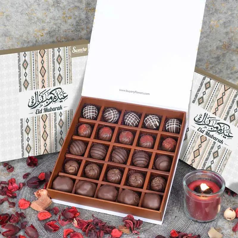 Eid Premium Chocolates By Sweecho 25 Pcs PeachChocolate & ConfectioneryProduct Description Brand - Sweecho Type - Milk Chocolate Quantity - 25 Pcs Flavors - Pistachio, Coffee, Hazelnut, Salted Caramel, Cinnamon Etc Allergens - Nuts and Milk Arranged in a