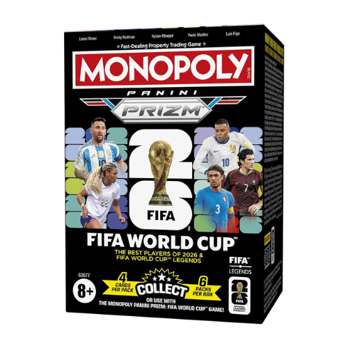 Monopoly Panini Prizm FIFA World Cup Booster Box – 24 Chromium Cards, Messi Mbappé Legends