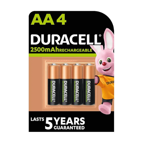 Duracell DX1500 AA Rechargeable Batteries 4-Pack – 2500mAh NiMH, Pre-Charged, 400 Recharges, 10-Year