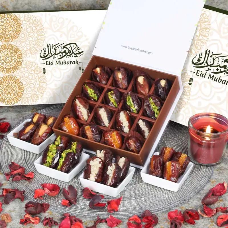 Eid Stuffed Dates By Sweecho 16 Pcs GreenChocolate & ConfectioneryProduct Description Assorted Stuffed Dates Flavors - Pistachio, Orange Peel, Cashew and Hazelnut Quantity - 16 Pcs Arranged in a Beautiful Eid Gift Box