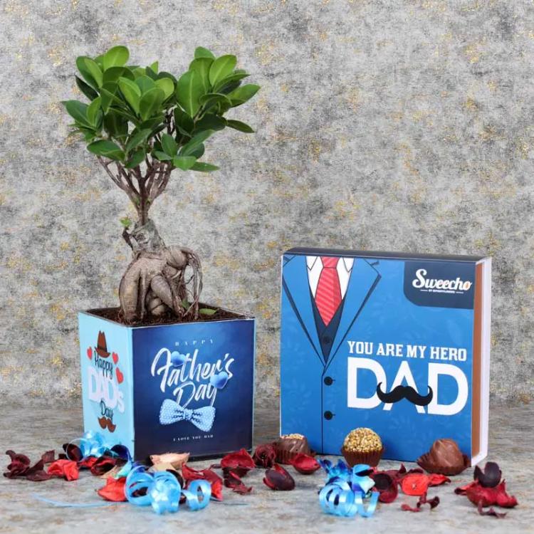 Fathers Day Bonsai Plant and Premium ChocolatesChocolate & ConfectioneryPremium Assorted Chocolates 16 Pcs By Sweecho, Plant Name - Bonsai, Plant Placement - Indoor, Arranged in a Square Vase - 12x12cm, Fathers Day Sticker.