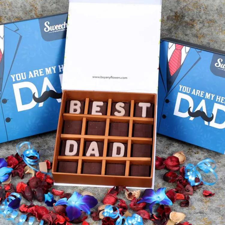 Best Dad Chocolates 16 Pcs By SweechoChocolate & ConfectioneryBrand - Sweecho, Text - Best Dad, Type - Milk Chocolate, Quantity - 16 Pcs, Marble Chocolate Letters, Assorted Flavors - Pistachio, Cheesecake, Lotus, Hazelnut, Coffee, Cornflakes and Mix Nuts,