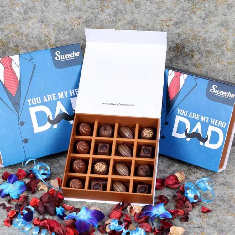 Fathers Day Premium Assorted Chocolates 16 Pcs By SweechoChocolate & ConfectioneryBrand - Sweecho, Type - Milk Chocolate, Quantity - 16 Pcs, Assorted Flavors - Pistachio, Cheesecake, Lotus, Hazelnut, Coffee, Cornflakes and Mix Nuts, Allergens - Nuts and M