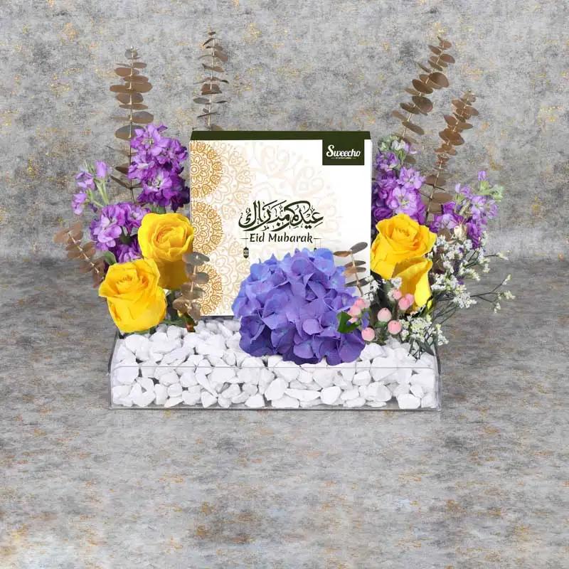 Eid Flower Chocolate Tray GreenChocolate & ConfectioneryProduct Description Eid Premium Assorted Stuffed Dates By Sweecho 16 Pcs 4 Dual Yellow Roses 4 Stems Purple Matthiola 1 Purple Hydrangea 2 Stems Pink Hypericum Fillers - 1 Stem White Limonium Leaves